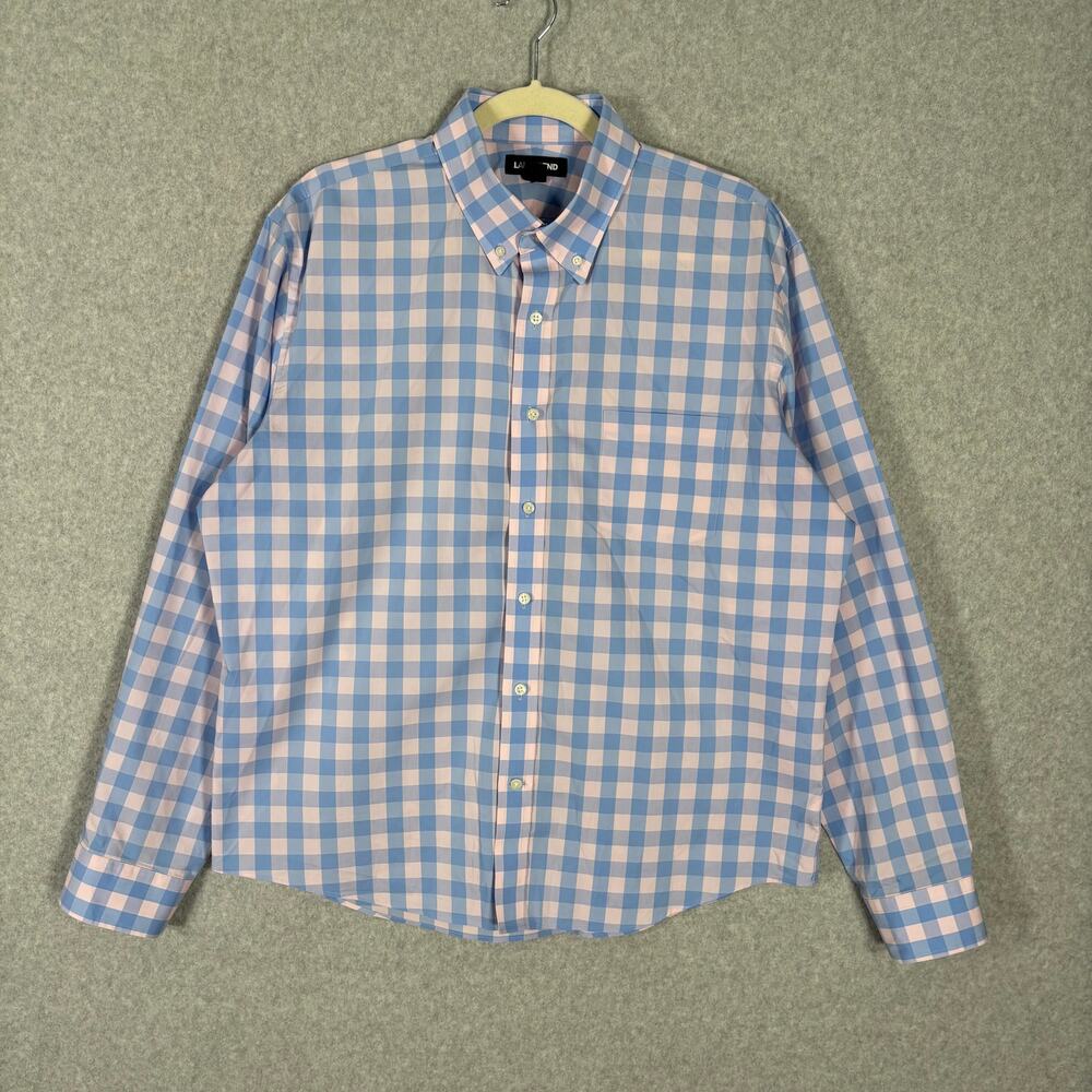 Lands End Shirt Mens Large 16 16.5 Blue Pink Check‎ Gingham Cotton Poly Stretch